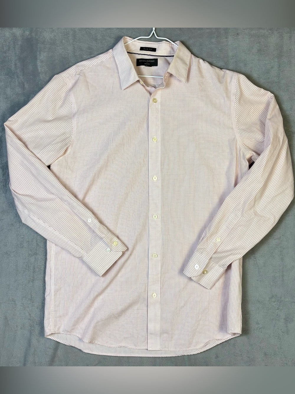 Banana Republic Mens L Slim Fit Non-Iron Cotton Dress Shirt Red Grid Check
